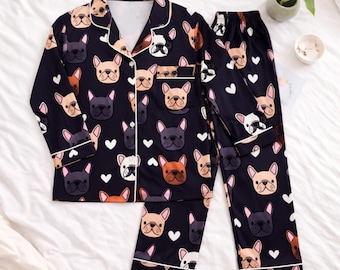 Black French Bulldog Pajama Set, Dog Lover PJ Set Women, Cute Puppy Print Sleepwear, Cozy Long Sleeve Loungewear, Dog Mom Gift Idea