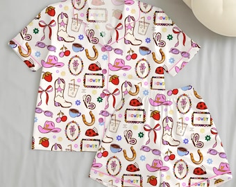 Pink Cowgirl Pajama Set, Cute Western PJs, Howdy Sleepwear Women, Girly Rodeo Lounge Set, Button Up Shorts Pajamas, Gift for Her