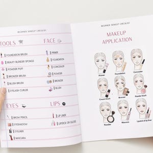 Pode incluir: Caderno aberto com uma lista de verificação de maquiagem para iniciantes. A página esquerda lista ferramentas, rosto, olhos e lábios com ilustrações. A página direita mostra as etapas de aplicação de maquiagem.
