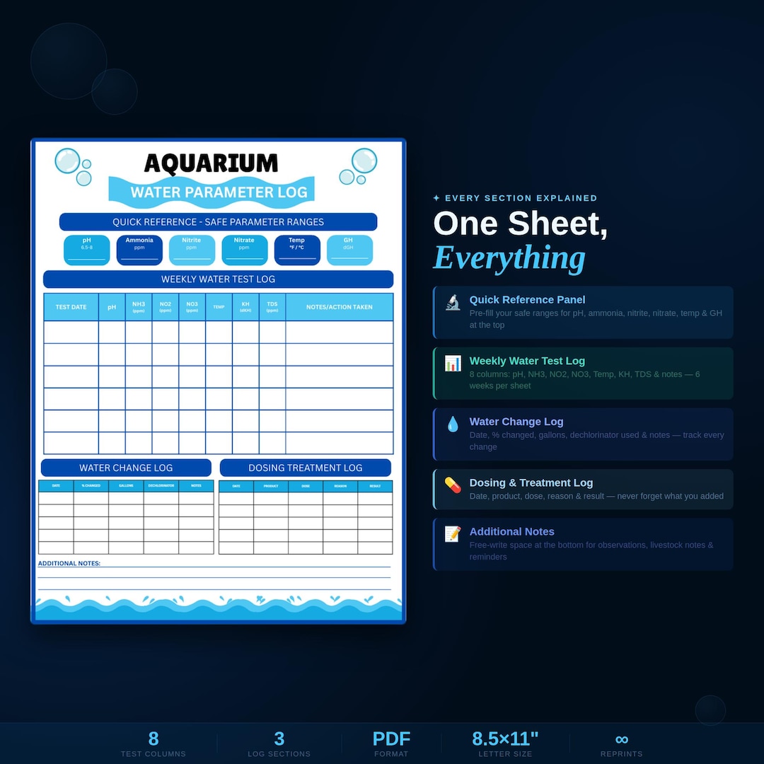 Image result for Aquarium Water Parameter Log | Fish Tank Test Tracker (PDF Download) - Etsy