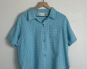 Shenanigans Women’s Vintage 80’s/90’s Checkered Blue 100% Cotton Button Up Sx XL