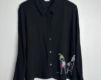 Vintage 90s Sz L Black Button Up with Painted Shopping Ladies by Cité