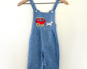 Vintage Wonderalls Baby Overalls Sz XL (12-18 mo) Embroidered Patched Horse Blue