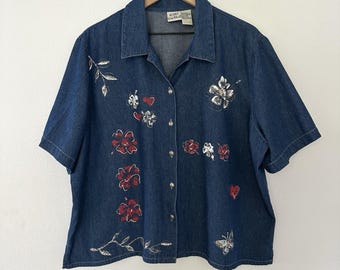 Vintage Koret City Blues 100% Cotton Button Up 22W Painted Flowers Hearts Denim