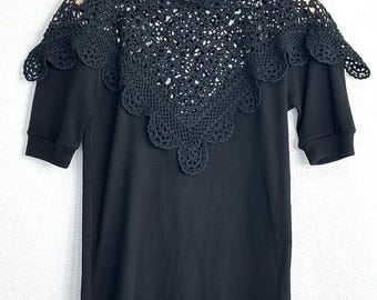 Vintage Crochet Black Top Duet Sz S Rare Boho Cottagecore