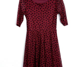 Vintage 90s Y2K As U Wish Mini Dress Sz S Burgundy Black Polka Dot Lace A-Line