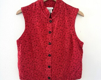 Vintage USA Made Vest Red Floral Tiburon Floral Embroidered Brocade Mandarin