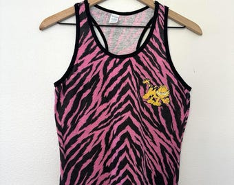 Vintage 70s Garfield Cat Crop Tank Top M Kiki Racerback 100% Cotton Pink Zebra