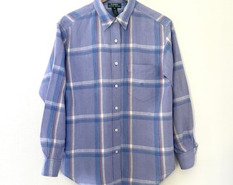 Vintage 100% LInen Lauren Ralph Lauren Button Down Shirt Sz M Plaid Preppy Indie