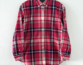 Camisa vintage de cuadros Lauren Ralph Lauren 100% algodón con botones, talla L, color rojo, estilo preppy académico.