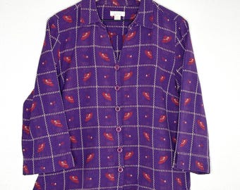 Vintage 100% Cotton Christopher & Banks Sz XL Top Purple Red embroidered Grandma
