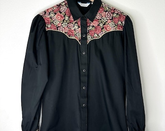 Vintage Karman Shirt L 17/18 Western Cowgirl Floral Black Pearl Snap Gold Piping