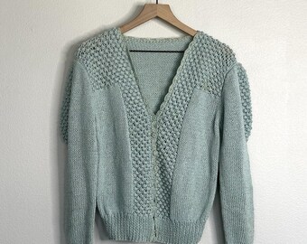 Vintage Handknit Blue Button Up Sweater Sz M