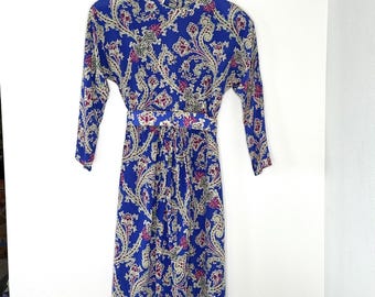 Vintage 80s 90's Maggy London Jeannene Booher 100% Silk Dress Sz 8 Paisley Blue