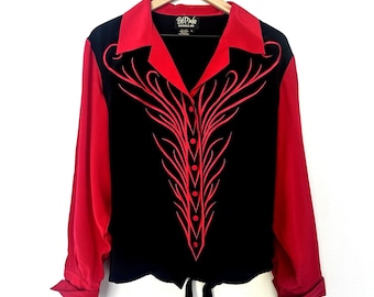 Vintage Bob Mackie 100% Silk Blouse Black Red Western Embroidered Flames 90s L