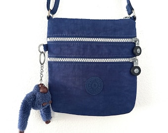 Vintage Y2K Kipling Alvar XS Blue Crossbody Bag Triple Zip Purse Monkey Chain