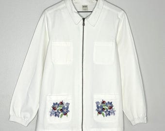 Vintage 100% Cotton Embroidered Chore Coat Blair L White Floral Grandma Cottage