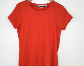 Vintage Ribbed T Shirt Crochet Detail Basic Editions Sz M Red 100% Cotton Indie