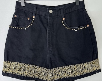 Vintage SapMan Paris Black Denim High Waisted Shorts 9/10 26" Rodeo Embellished