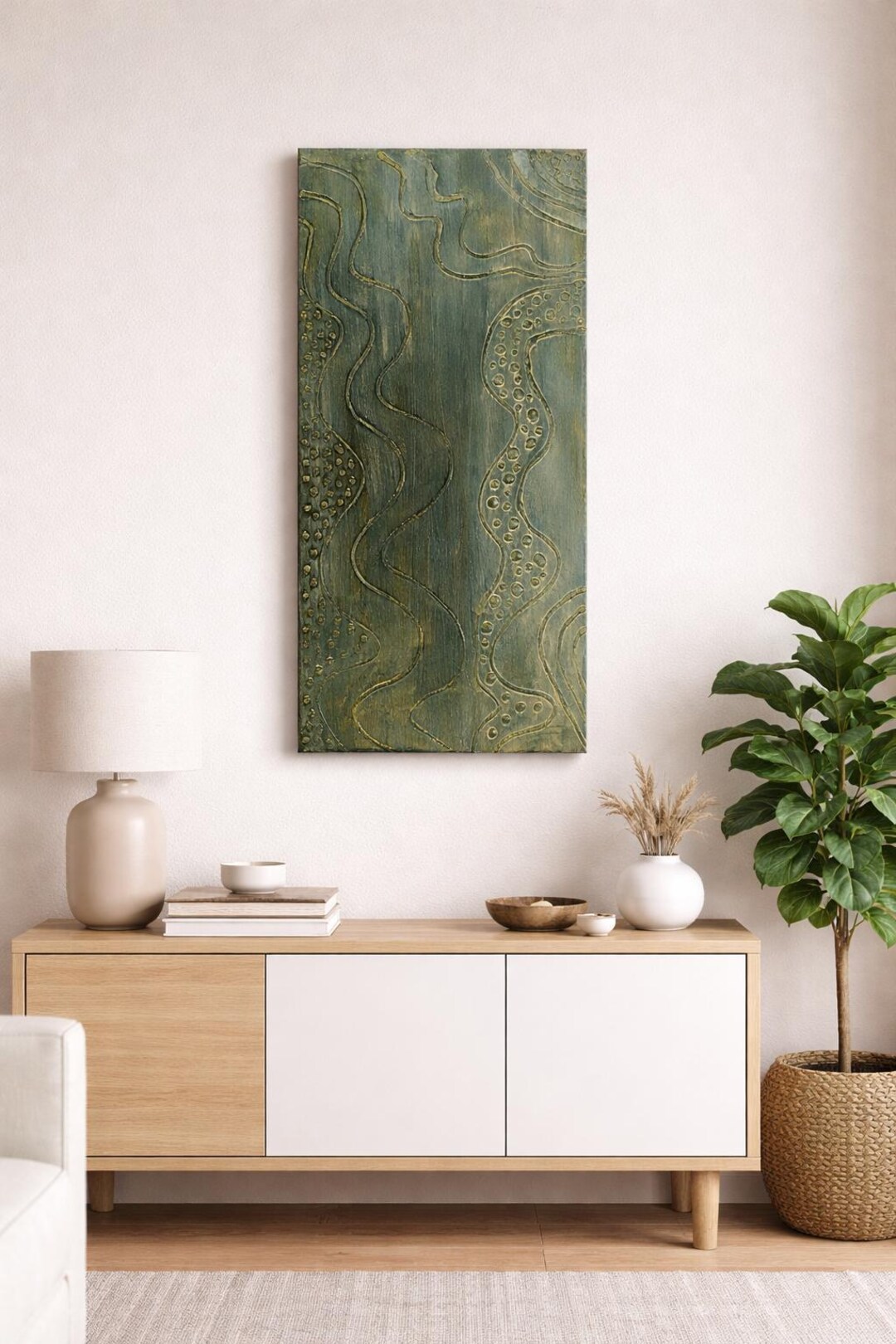 Green and Gold Abstract Painting 60 X 30 Cm – Textured Wall Art ...