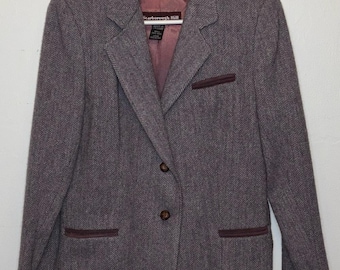 VTG Scarborough Hill Pure Wool Herringbone Tweed Blazer Jacket Purple Gray Small