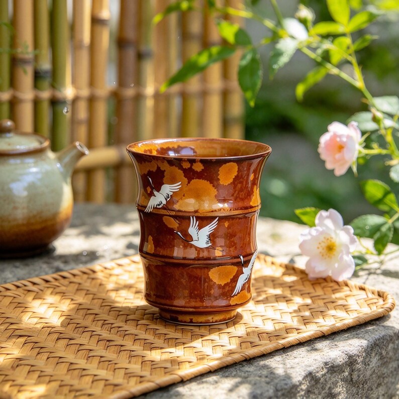 Japanese Tea Set Texture Japanese Ceramic Tea Cup With White Crane, Bamboo Shaped Amber Teacup ...