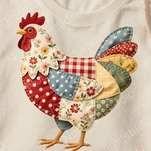 Könnte beinhalten: Ein cremefarbenes Sweatshirt mit einem Patchwork-Hahn-Design. Der Hahn besteht aus verschiedenen Stoffmustern, darunter rote Punkte, Blumendrucke und Vichy-Karo. Kamm und Kehllappen des Hahns sind rot, und sein Schnabel ist gelb.