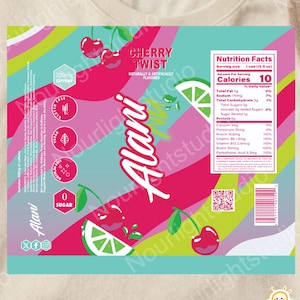 May include: A colorful can label for "Alani Cherry Twist" drink, featuring a vibrant design with cherries, lime slices, and the brand name. The label includes nutrition facts, caffeine content, and the text "0 Sugar."
