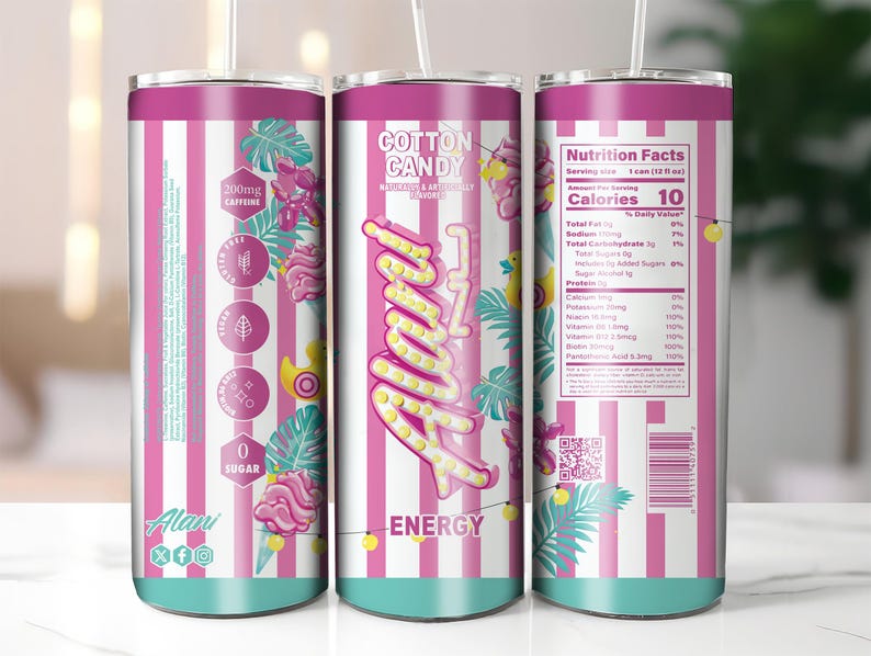 Peut inclure: Un gobelet Alani Nu Energy saveur barbe &agrave; papa &agrave; rayures roses et blanches avec une paille. Le gobelet pr&eacute;sente le texte "Alani Energy" et "Cotton Candy". Le gobelet contient &eacute;galement des informations nutritionnelles et d'autres graphiques.