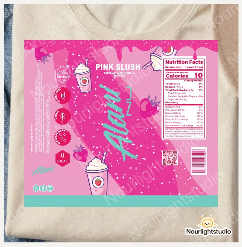 May include: Pink slush drink label with the text "Pink Slush" and "Alani". The label features illustrations of strawberries and a drink with whipped cream. The nutrition facts are also displayed.