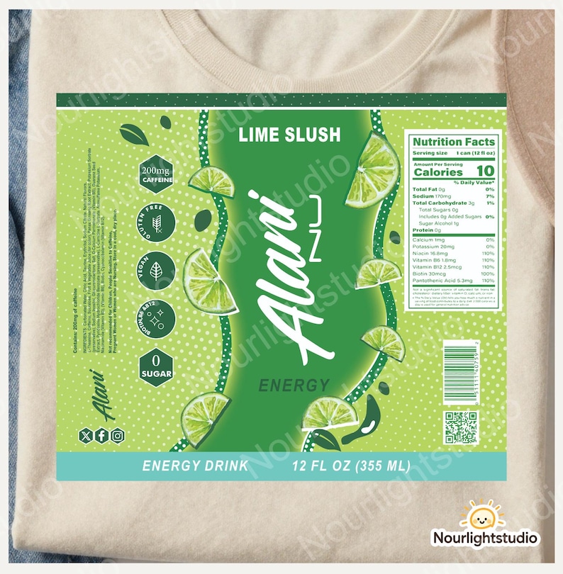 May include: A green and white energy drink label with the text "LIME SLUSH" and "Alani". The label features lime slices and nutritional information. The drink contains 200mg of caffeine and is 355 ml.