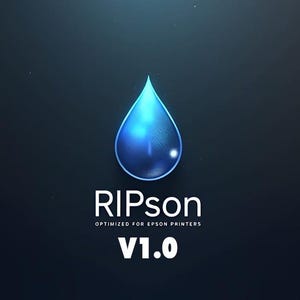 May include: A digital graphic with a blue water droplet shape and a gradient effect. Below the droplet, the white text "RIPson" is displayed, along with "OPTIMIZED FOR EPSON PRINTERS" and "V1.0". The background is dark blue.