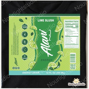 May include: A green and white energy drink label with the text "Alani" and "Lime Slush". The label includes nutrition facts, lime slice graphics, and states the drink contains 200mg of caffeine and is 355 ml.