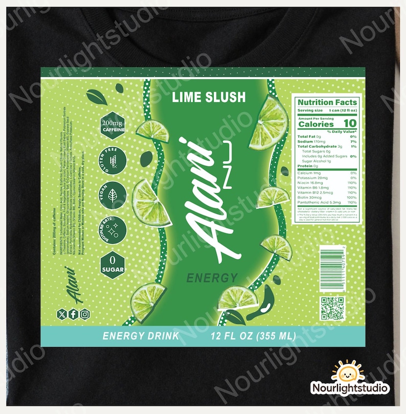 May include: A green and white energy drink label with the text "Alani" and "Lime Slush". The label includes nutrition facts, lime slice graphics, and states the drink contains 200mg of caffeine and is 355 ml.