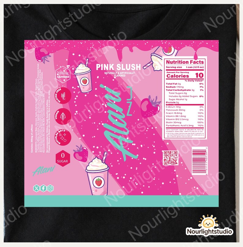 May include: Black t-shirt featuring a pink graphic with the text "PINK SLUSH" and "Alani". The graphic includes images of strawberries and a drink with a strawberry on the cup. The nutrition facts are also displayed.