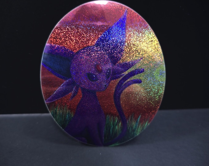 Espeon Inspired Holographic Glitter Vinyl Sticker – Psychic Cat Anime Art (3" Oval)