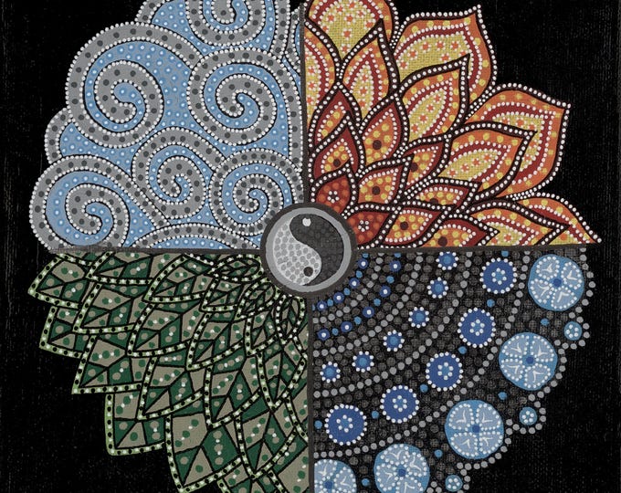 Four Elements Mandala Print – Yin Yang Dot Painting Wall Art (8x12)