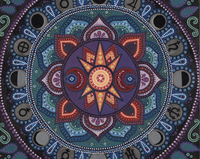 Sun Mandala Wall Art – Celestial Dot Painting, Cosmic Sun Moon Print (8x12)