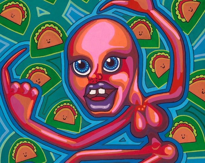 Original Acrylic Painting – Psychedelic Taco Lady Wall Art (11x14)