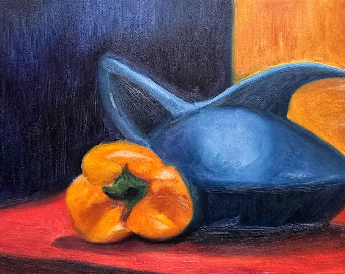 Blue Pitcher & Pepper – 8x10 Original Oil Painting on Panel + Canvas | Still Life