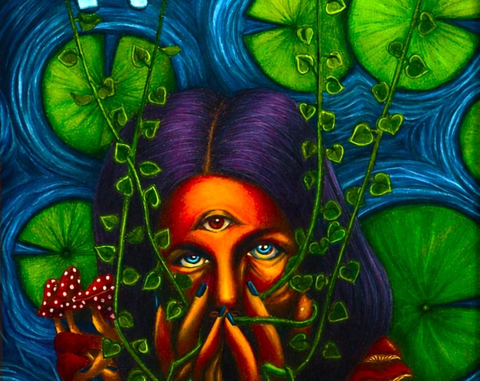 Surreal Botanical Figure Drawing, Colored Pencil Plant Fungi Wall Art (12x16 Inch)