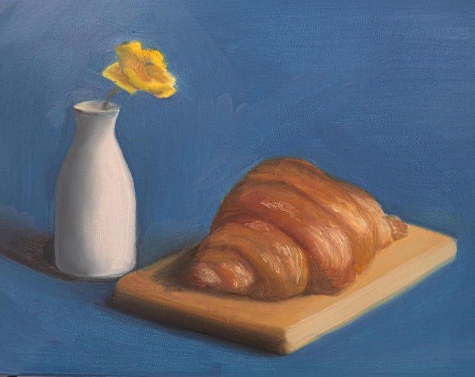 Original Oil Painting: Croissant, Yellow Flower, Still Life – 11x14 Oil on Panel
