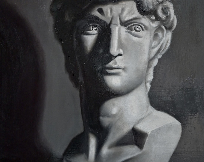Original Oil Painting – Michelangelo David Bust Study, Classical Realism Atelier Art
