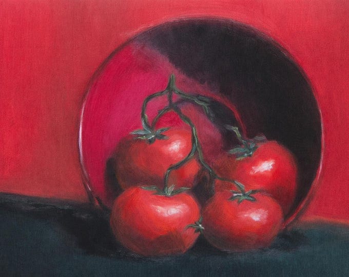 Original Painting: Tomatoes on Vine, Bold Still Life Art (8x10)