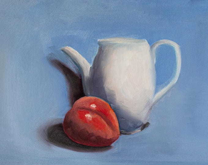 Original Oil Painting: Realistic Pitcher Plum Still Life – Kitchen Art
