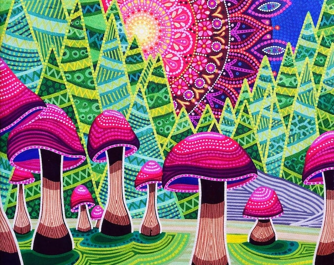 Psychedelic Mushroom Forest Print – Metallic Giclée Art, Mandala Landscape (11x14)