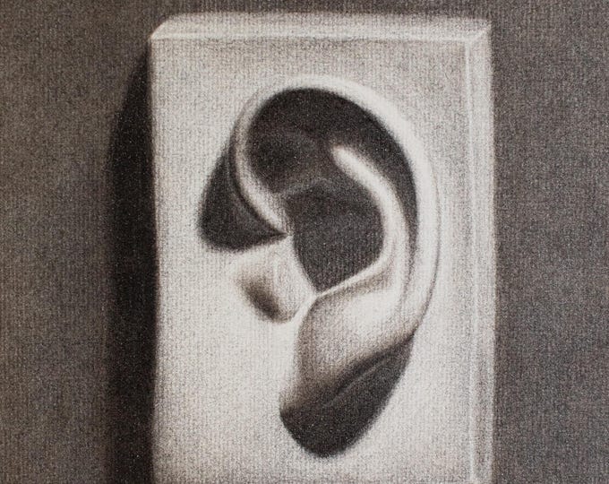 Charcoal Ear Cast Drawing – Michelangelo David Study, Classical Art (9x17 inches)