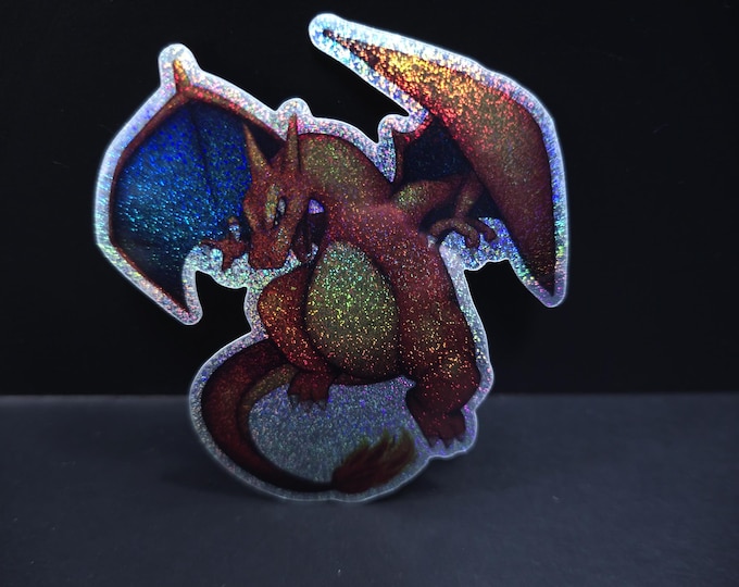 Charizard Glitter Sticker – 3" Die-Cut Pokémon Inspired Vinyl Sticker, Hand Drawn Colored Pencil Art