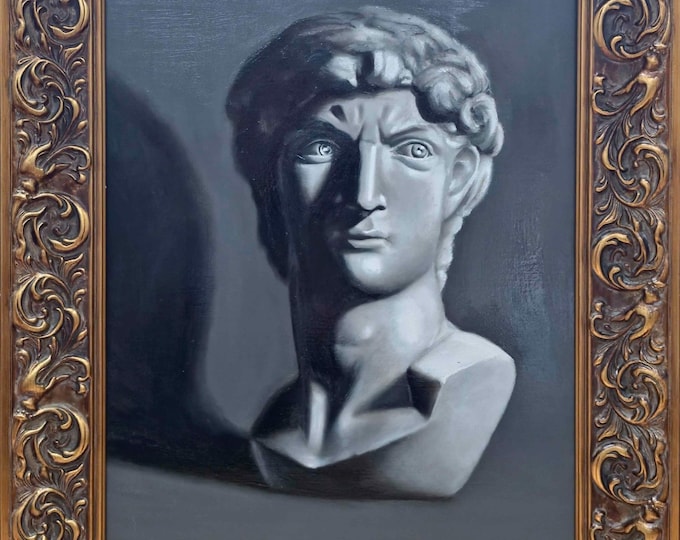 Original Oil Painting – Michelangelo David Bust Study, Classical Realism Atelier Art
