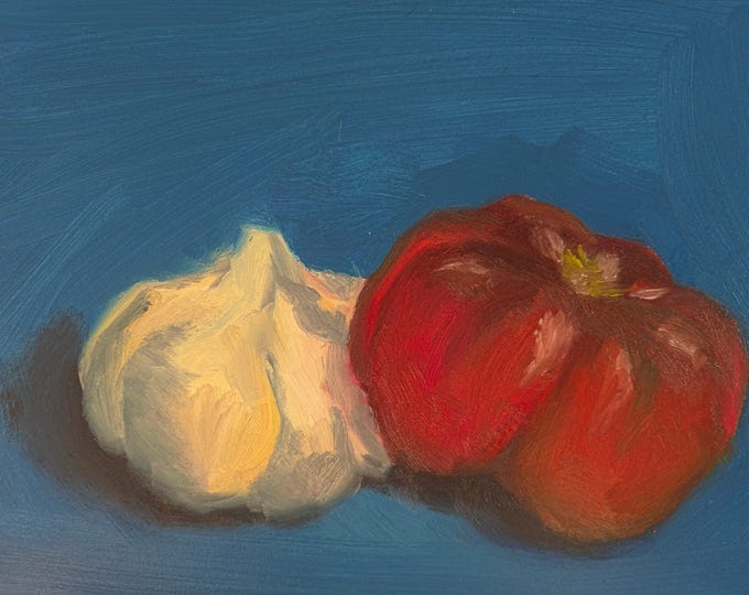 Original Oil Painting Still Life – Garlic, Tomato, Kitchen Wall Art (9x12 inches)